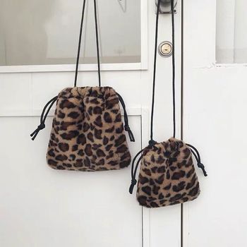 Women Shoulder Small Bags Retro Leopard Print Plush Drawstring Joker Handbag Autumn And Winter